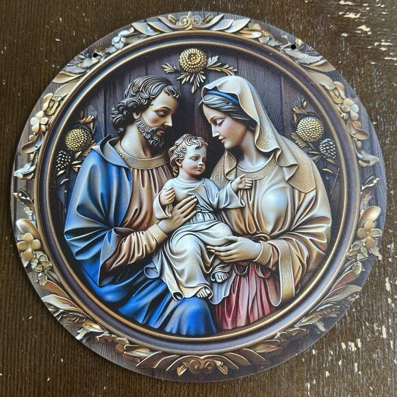 Jesus Christ Mary & Joseph Wall Art 7.75” Diameter Pre-drilled Holes - Picture 1 of 3